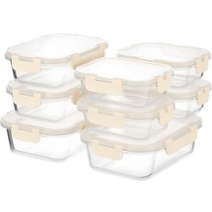 S SALIENT 耐熱 ガラス 保存容器 密閉タッパー 耐熱容器 作り置きタッパー 電子レンジ 食洗機対応 8個セット ベージュ