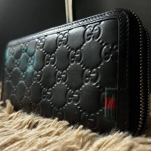 1円~【入手困難☆極美品】グッチ GUCCI ダブルファスナー 長財布 オーガナイザー シェリーライン GGシマレザー 本革 ブラック 黒 メンズ