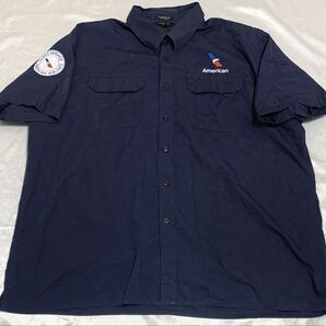 【送料無料 値下げ交渉歓迎】アメリカン航空 フリートサービス実物半袖ワークシャツ 3XL 刺繍ロゴワッペン濃紺USA古着飛行機エアライン整備