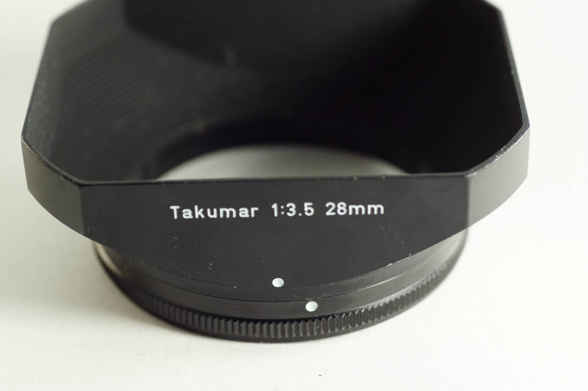 整備済 美品 M42 TAKUMAR 28mm F3.5 純正 角型フード mayuriとレンズぬま *第二十一本* ASAHI PENTAX Super-Multi