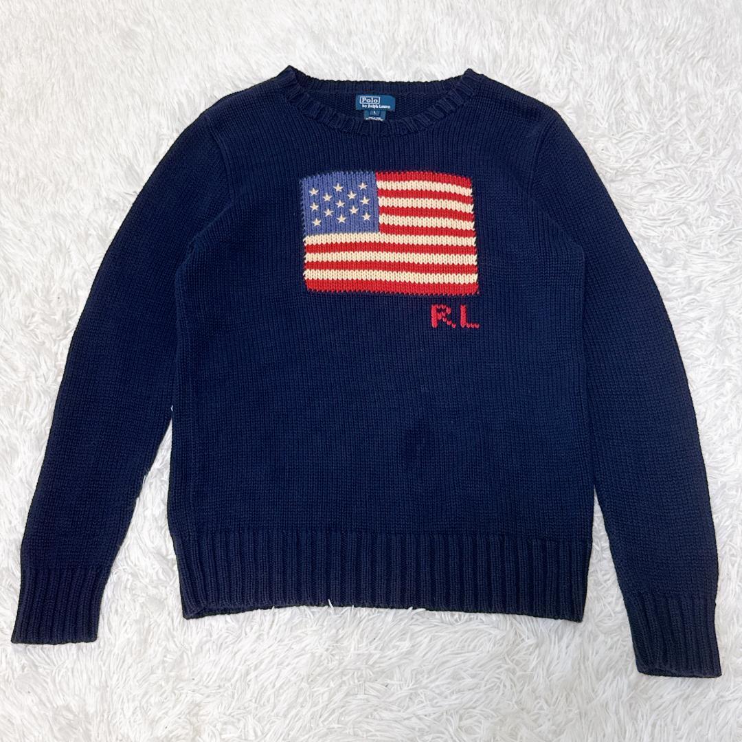 希少✨ラルフローレン　フリンジトリム　フラッグ　セーター　星条旗　S　ネイビー POLO RALPH LAUREN（ポロ ラルフ ローレン）の「フリンジトリム