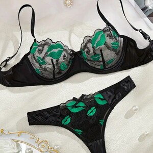 【新品】Mサイズ ワイヤー入り インポート刺繍レースシースルーブラ&Tバックショーツセット★236.緑×黒★キスkiss口唇 D75,B80,C80