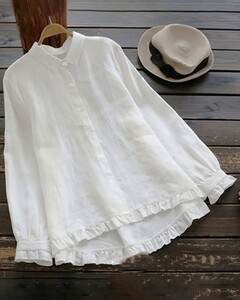 【新品】綿100% シャツカラー 共布フリル ゆったりブラウス 羽織もの Lサイズ 白