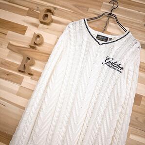 【ガッチャ】マルチ ケーブルニット ゴルフ セーター Vネック XL 白×黒【HFby6PR】メンズ・洋服・秋冬【M9F7F7G】