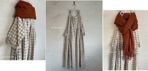 ハンドメイド::アースギンガムチェックコットン濃ベージュ。切替ギャザーOP