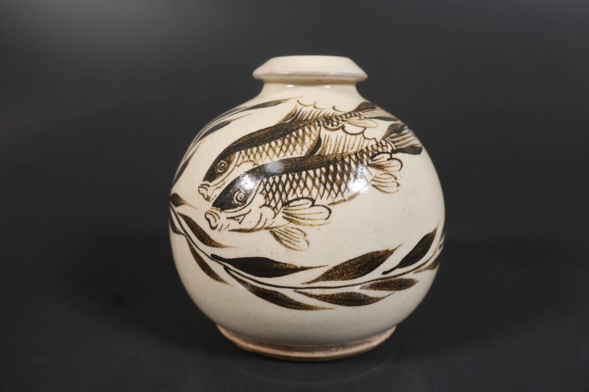 中国古玩　磁州窯　双耳扁壺　時代物唐物 中国古玩 磁州窯 双耳扁壺 時代物唐物