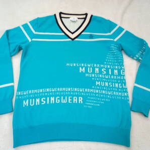 美品 Munsingwear マンシングウェア ゴルフ 秋冬 ターコイズブルー ペンギン刺繍★Vネックニット セーター L メンズ