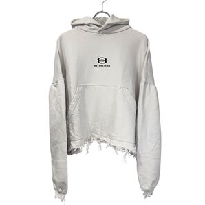 美品◇BALENCIAGA バレンシアガ ユニティスポーツアイコン クロップドパーカー フーディ ダメージ加工 ホワイト 1 ユニセックス