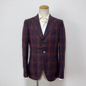 新品同様 定価37万円 イザイア セーラー 130'sアクアウール 格子柄テーラードジャケット 48 レッド ブルー イタリア製