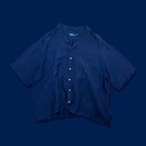90s Polo Ralph Lauren ポロラルフローレン リネンシルクオープンカラーシャツ 開襟 ネイビー 半袖シャツ 3XB オーバーサイズ ビッグ