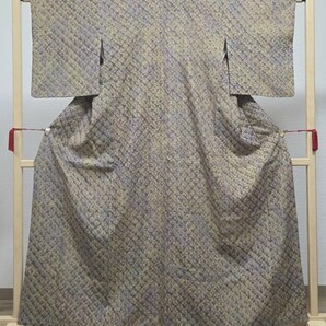 D◆着物くつろぎ 美品 漢方染め 菅原工房 菅原結 絞り 紫 薄黄緑 袷 紬 正絹 着物 送料無料 仕立て上がり リサイクル
