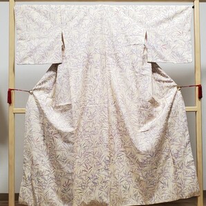 B5 作家物 笹の葉模様 金彩 白色 薄紫 袷 紬 小紋 着物 送料無料 仕立て上がり リサイクル