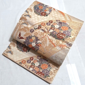 A 雪輪に花模様 金糸 クリーム色 牡丹 鳳凰 蝶々 萩 桔梗 六通 正絹 フォーマルな袋帯 送料無料 仕立て上がり リサイクル