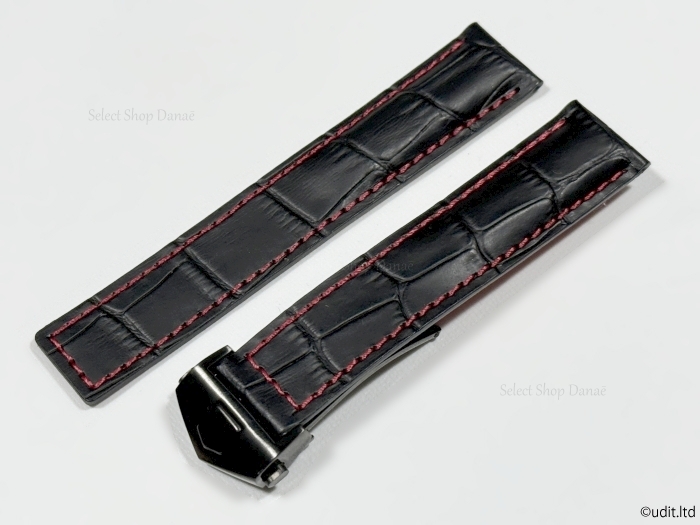 ラグ幅19mm タグホイヤー対応 腕時計レザーベルト ブラック レッド 腕時計ベ