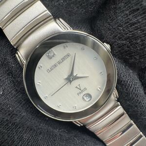 07yh 極美品 CLAUDIO VALENTINO クラウディオ バレンティノ 腕時計 レディース シルバー 3針 デイト ダイヤモンド 保証書付き 説明書付き