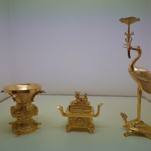 東 三具足 仏具 花立3寸 燭台7寸 中古品 金メッキ 浄土真宗大谷派