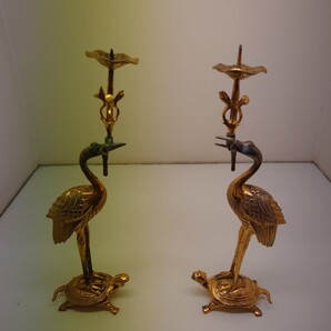 仏具 燭台 真鍮製 火立 一対 浄土真宗 鶴亀