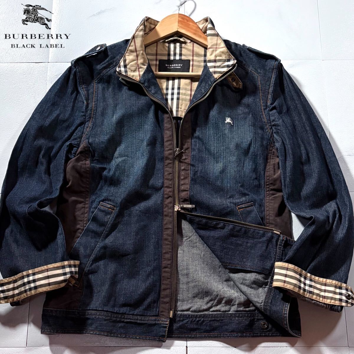 美品 BURBERRY LONDON ブラックデニムジャケット ノバチェック　L 美品✨バーバリーブラックレーベル デニムジャケット ノバ