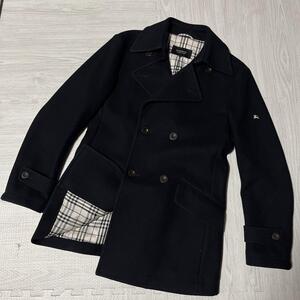 BURBERRY BLACK LABEL バーバリーブラックレーベル コート Lサイズ ダブル 黒 ノバチェック 袖ロゴ ホースロゴ刺繍 ウール Pコート