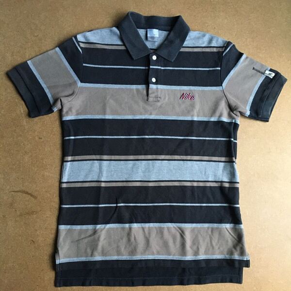 美品 NIKE ポロシャツ ベージュ ブラック ボーダー柄 半袖 コットン ナイキ NIKEポロシャツ