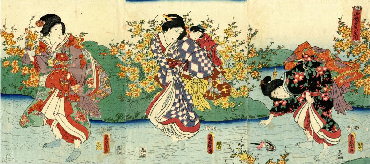 [291380]歌川豊国 版画 3枚◆木版画/浮世絵/人物画/日本画/古美術/時代/骨董/うぶ品 歌川豊国 「摂津国擣衣の玉川」 木版（浮世絵） : 小野画廊