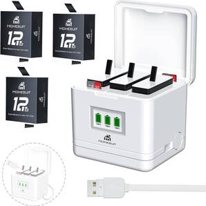 Homesuit 寒冷地 Gopro Hero12/11/10/9 Enduro 対応バッテリー 3個1800mAh 低温環境下対応 12/11/10/9充電器セット ケーブル一体型