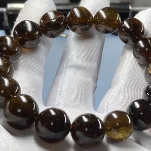 【イエローグリーンとブラウンのバイカラー】ネパール産 ドラバイトトルマリン ブレス 約12.1mm-13.8mm 腕周り17cm 1010