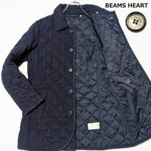 メンズL BEAMS HEART ビームスハート ダイヤ キルティングジャケット 中綿 襟 コーディロイ ネイビー 紺 ビジネス アウター