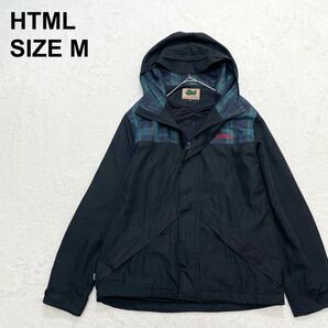 HTML エイチティーエムエル ナイロンジャケット マウンテンパーカー ウインドブレーカー M 黒 ブラックウォッチ チェック柄(1477