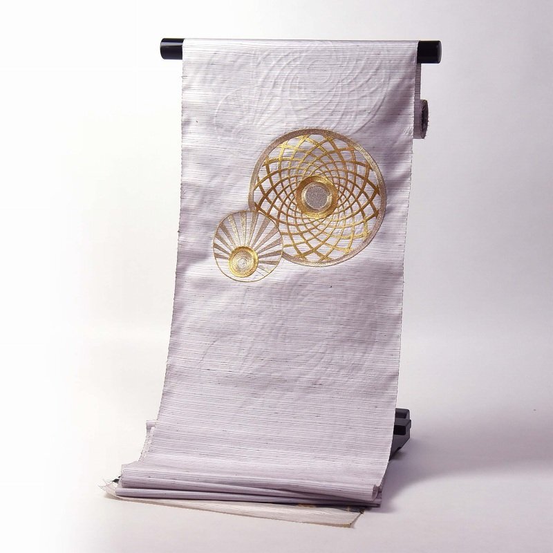 袋帯 大島紬 生地使用 貼り付け柄 白ベージュ 菱 金彩加工 中古 kp1954 袋帯 大島紬 生地使用 貼り付け柄 白ベージュ 菱 金彩加工 中古