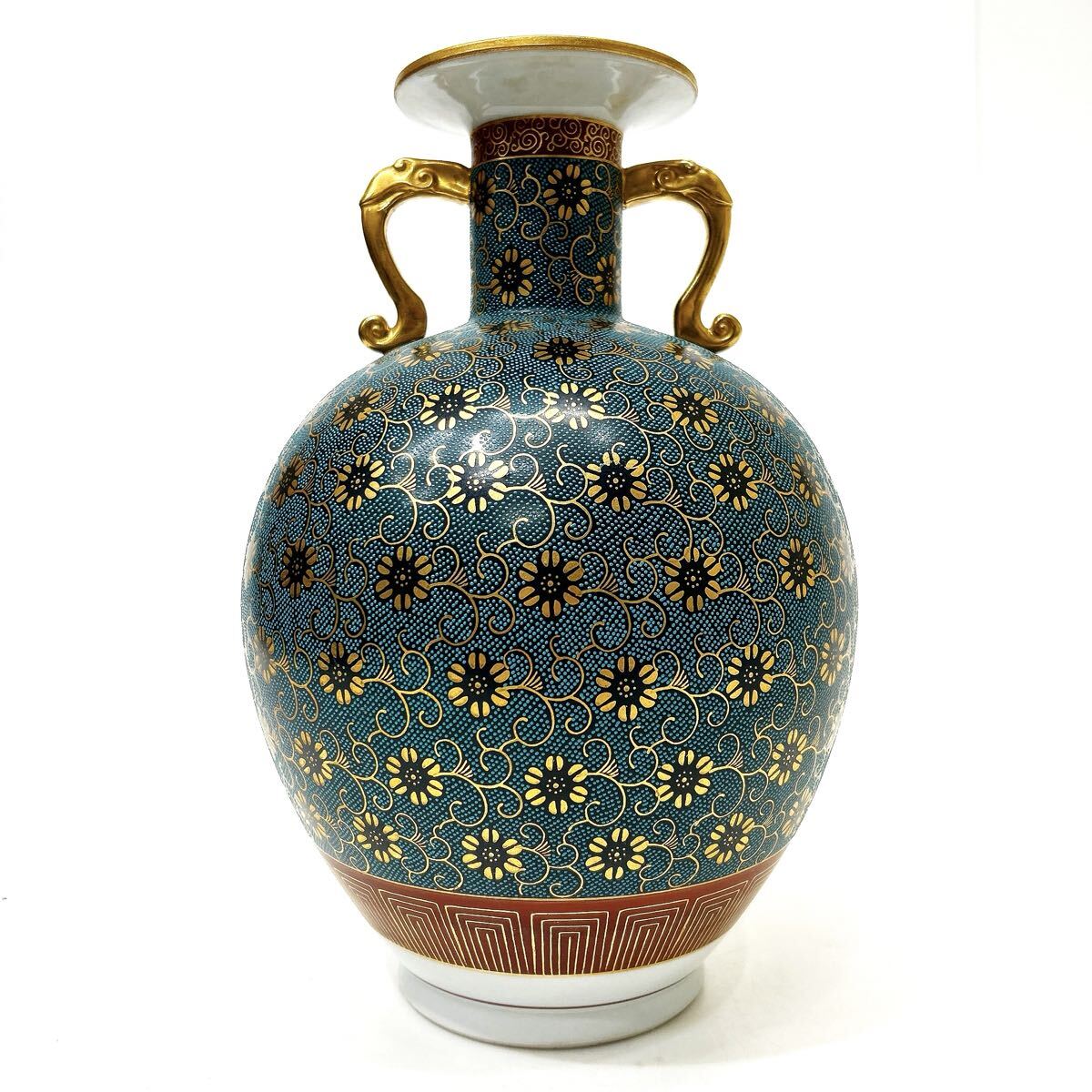 ♦九谷焼 龍双耳 花鳥 宝尽し紋様 壺 花瓶 アンティーク 骨董品 コレクション ♢九谷焼 龍双耳 花鳥 宝尽し紋様 壺 花瓶 アンティーク 骨董品