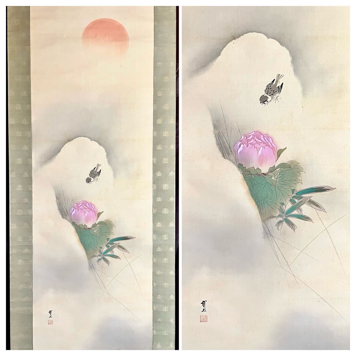 【真作】掛軸　華麗なる牡丹の美　色鮮やかな花鳥図　優美な筆致　Q184 真作】掛軸 小川朝陽『牡丹図』絹本 肉筆 共箱付 掛け軸 w060812