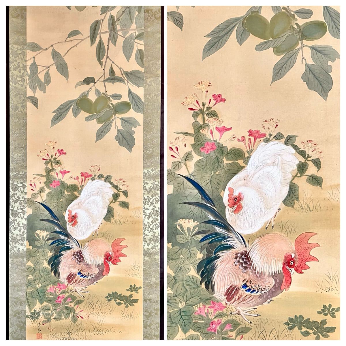 kei◇◆中国美術　掛け軸　3点セット　二匹のニワトリさん　時代品　在銘 kei◇◇中国美術 掛け軸 3点セット 二匹のニワトリさん 時代品