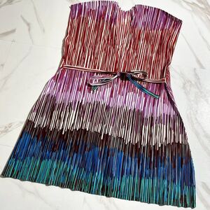 極美品 L相当◎PLEATS PLEASE マルチカラ― にじみカラー フレンチスリーブワンピース ベルト プリーツプリーズ 3 ストライプ チュニック赤