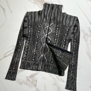 極美品 L相当◎PLEATS PLEASE ケーブル転写 ジップアップハイネックブルゾン プリント ダブルジップ プリーツプリーズ 3 ニット模様 黒