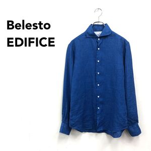 2O1258-G ◆Beautiful ◆ Belesto EDIFICE EDIFICE льняная рубашка воротник, длинные рукава, вырез, круглый подол, простой, простой ◆ размер44 синий, лен