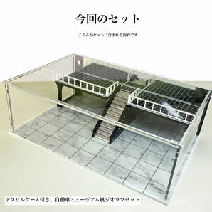 階段中央タイプ 自動車博物館風 ジオラマセット ミュージアム アクリルケース付き 1/64 ミニカーに 日本全国送料無料