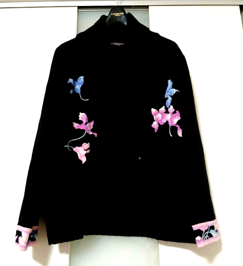 美品♡ レオナール カンカン トリム ジャケット カーディガン 黒 ピンク L 美品♡ レオナール カンカン トリム ジャケット カーディガン 黒 ピンク L