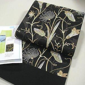 Красивый узор для кимоно, новый, незаконченный, нисидзинский парчовый оби с шестиполосным сквозным узором, серебряной травой и лилиями.