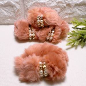 4個♪■天然ラビットファーのシュシュ♪■LtBR■ジュエルパーツ付き♪