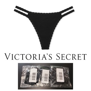 Victoria's Secret ヴィクトリア シークレット PINK コットン ストラップ ソング パンティー Tバック ショーツ ピュアブラック 黒