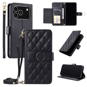 iPhone 17 pro ショルダーケース アイフォン17 プロ レザーケース iPhone17 Pro カバー 手帳型 カード収納 肩掛け ストラップ2本付き 黒