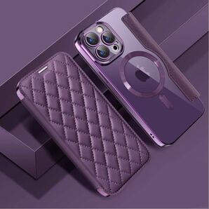 iPhone 12 キルティングケース アイフォン12 ケース 透明 iPhone 12 カバー MagSafe充電 カード収納 手帳型 パープル