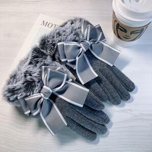 手袋 レディース スマホ対応 ファー 灰ファー×灰 裏起毛 リボン グローブ