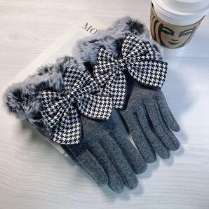 手袋 レディース スマホ対応 ファー 灰ファー×千鳥 裏起毛 リボン グローブ