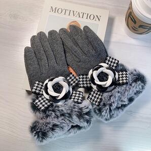 手袋 レディース スマホ対応 ファー 灰ファー×カメリア 裏起毛 リボン 贈り物