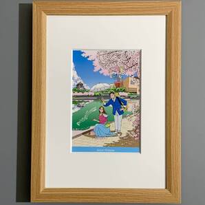 ■わたせせいぞう■「紫川・春のデュエット」/B5マット額装品/福岡県北九州市/勝山公園/桜/貴重イラスト/印刷物/インテリア G3767