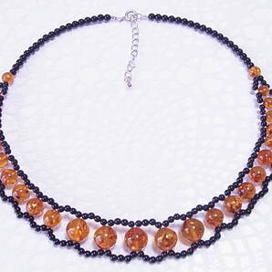 1点限り【限界市場】☆送料無料☆天然琥珀☆天然ブラック・カルセドニー(オニキス)☆40+5cm☆デザイン・ネックレス e