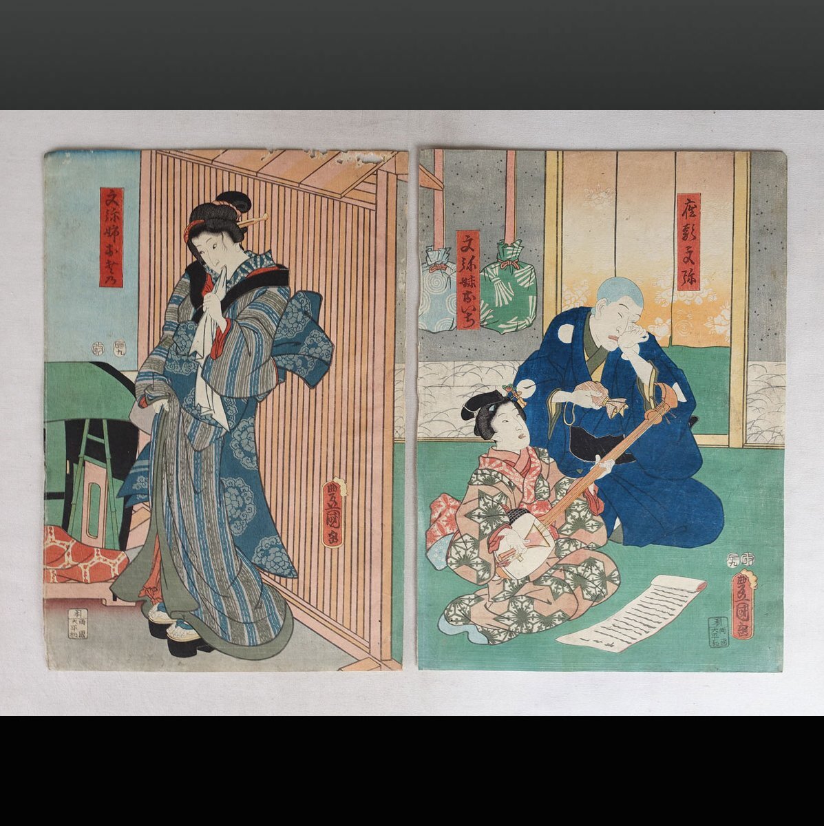 浮世絵 梅堂國政 歌舞伎絵 役者絵 木版画 アンティーク 骨董画　連続画　3枚続 浮世絵 梅堂國政 歌舞伎絵 役者絵 木版画 アンティーク 骨董画