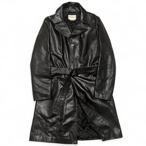 定価70万 極上のラムレザー 美品 EMPORIO ARMANI エンポリオアルマーニ ベルテッド ステンカラーコート 内側キルティング ブラック 黒 本革